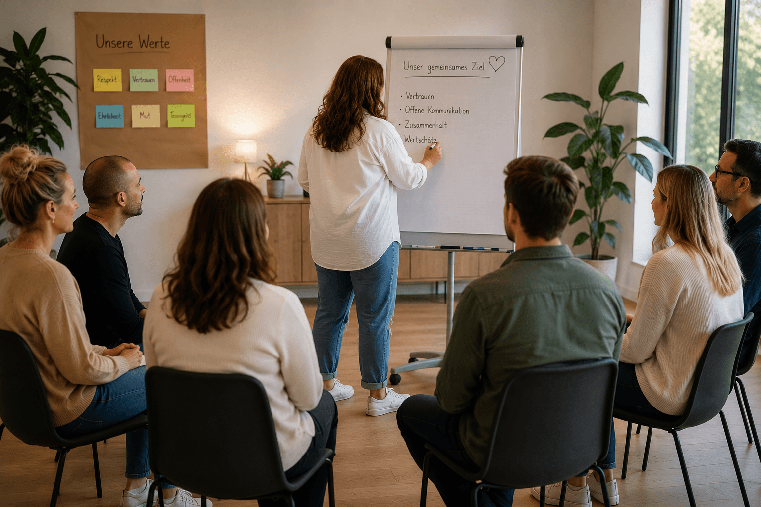 Anika Kresken am Flipchart mit Teilnehmenden im Kreis